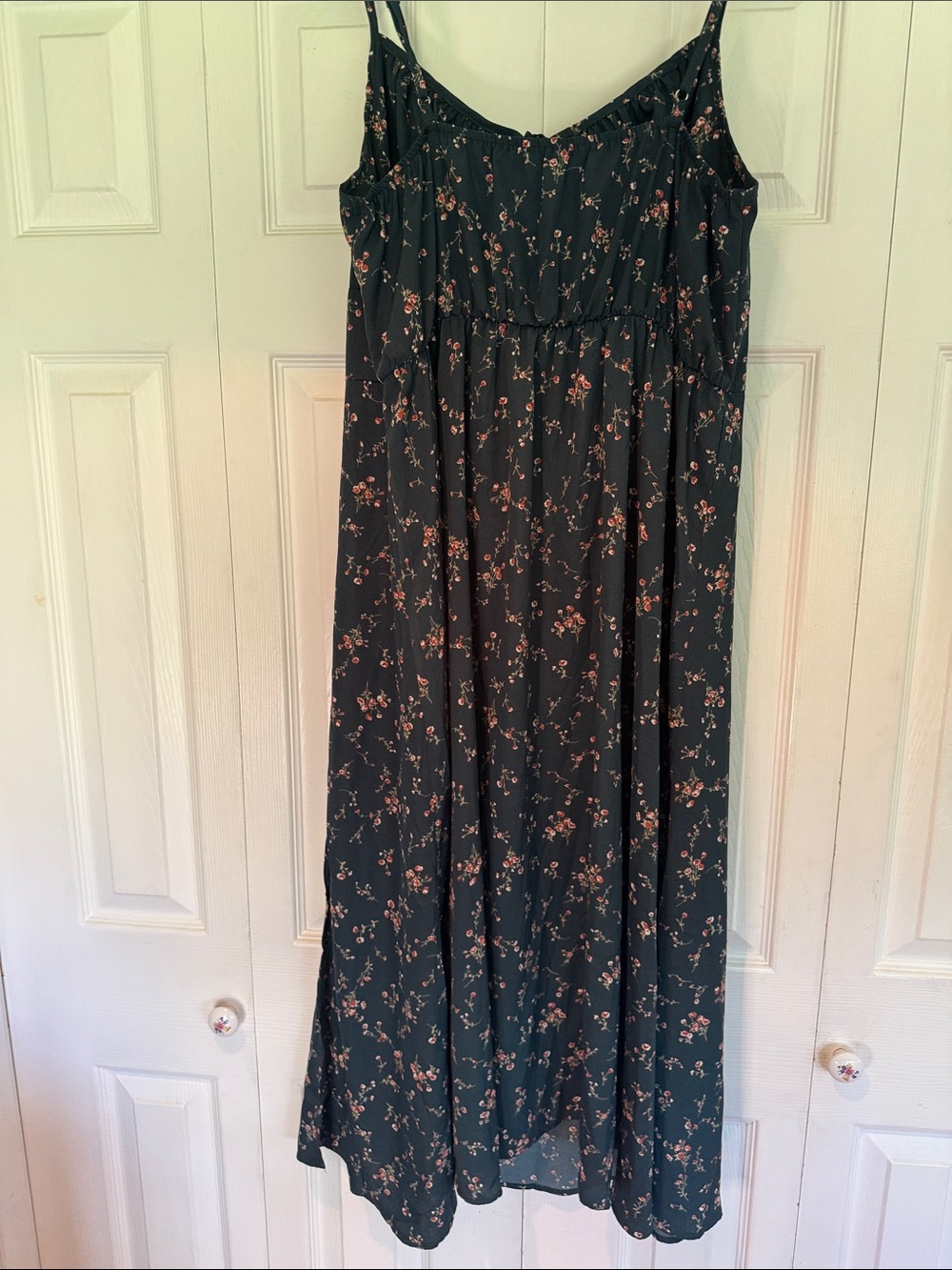 Floral Slip Midi Dress in Dark Green with Pink Flowers - Picture 3 of 3